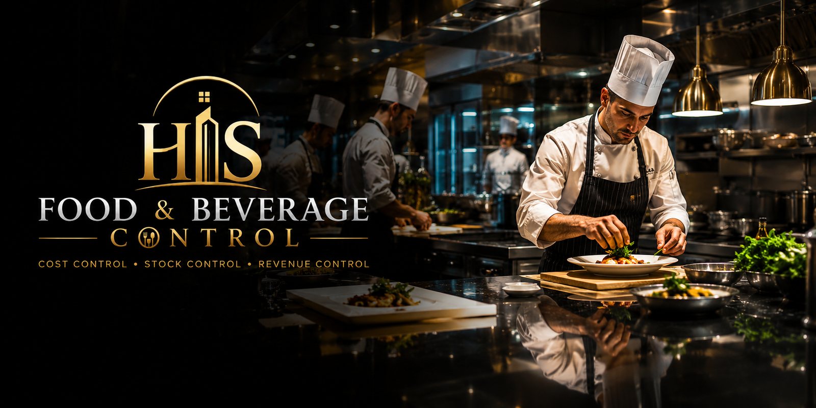 HIS Food and Beverage Control logo beside a head chef plating a dish in a luxury hotel kitchen. Cost Control, Stock Control, Revenue Control.