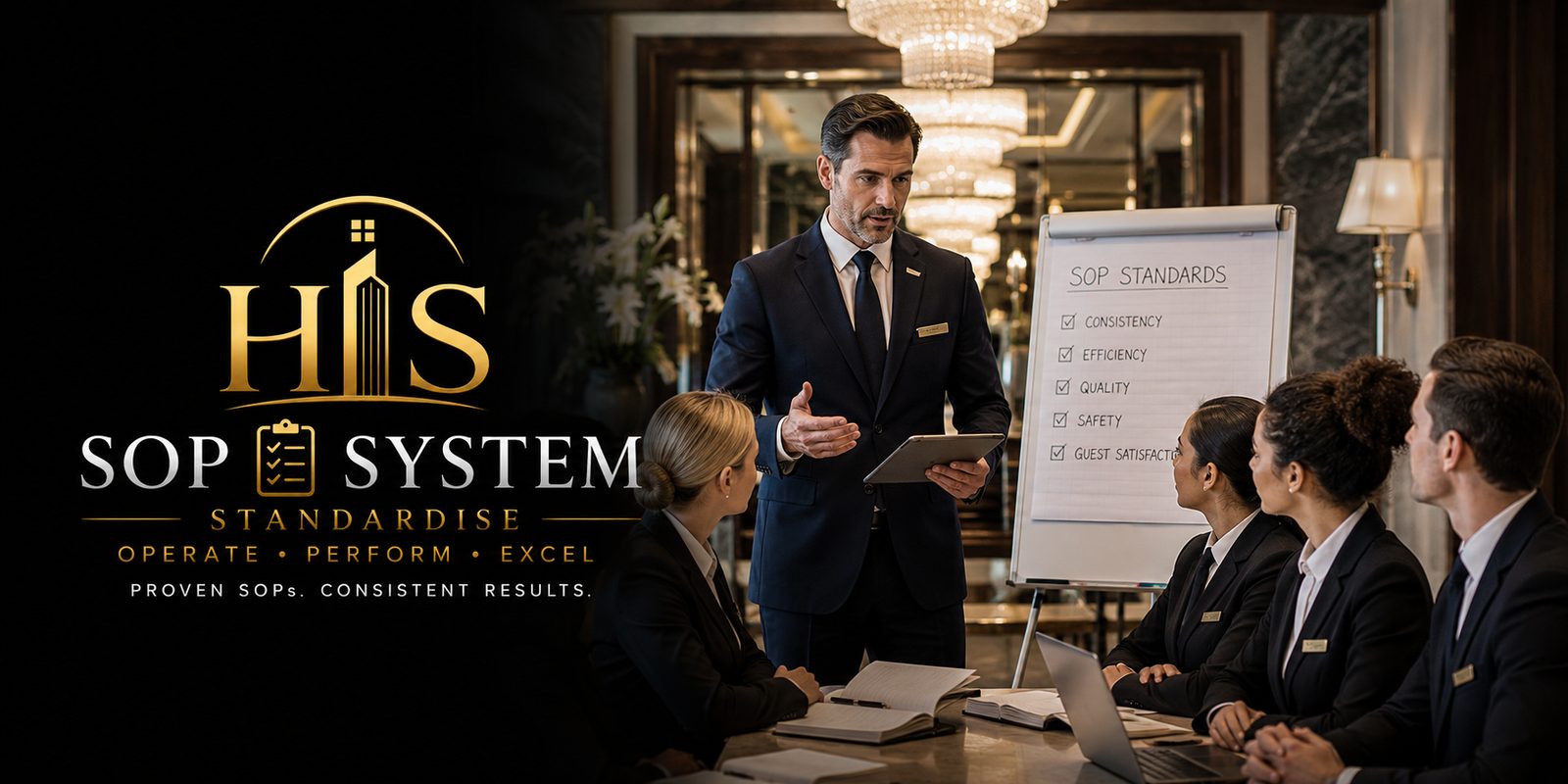 HIS SOP System logo beside a hotel manager briefing his team in a luxury boardroom against an SOP Standards flip chart listing Consistency, Efficiency, Quality, Safety and Guest Satisfaction. Standardise, operate, perform, excel.